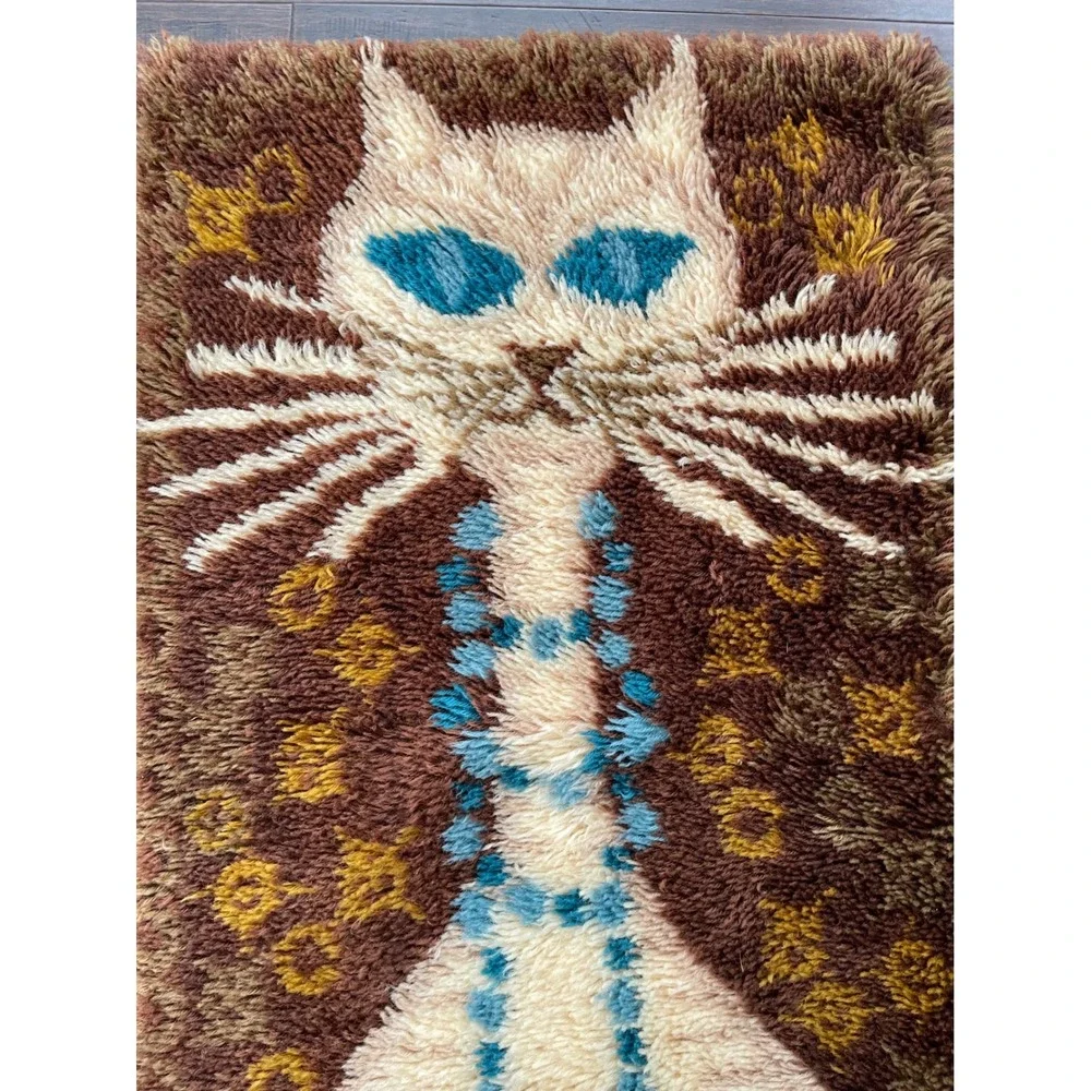 Vtg Ege Taepper Rya Shag Rug Cat Rare Mid Century Modern Wall Hanging 45x25